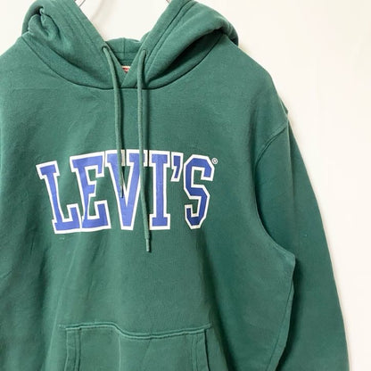 古着 used LEVI'Sリーバイス 長袖ロゴプリントプルオーバーパーカー フーディー レトロデザイン グリーン Sサイズ