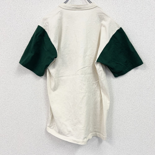 90s　cotton deluxe　半袖プリントTシャツ　シングルステッチ　クマ　アイボリー　バイカラー　Mサイズ