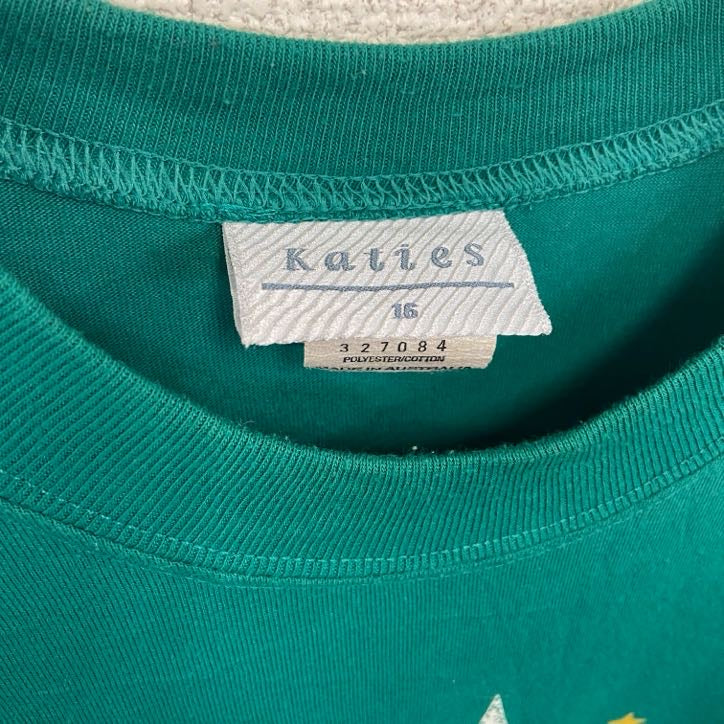 ～90s　Katies　半袖プリントTシャツ　ヴィンテージ　シングルステッチ　クリスマス　緑　グリーン　16サイズ