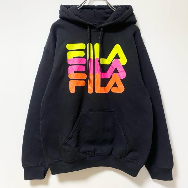 FILA　フィラ　スウェットパーカー/フーディー　デカロゴ　3連プリント　スポーツミックス　ビッグシルエット　黒　ブラック　Ｓサイズ