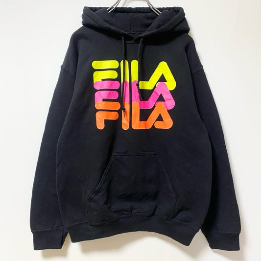 FILA　フィラ　スウェットパーカー/フーディー　デカロゴ　3連プリント　スポーツミックス　ビッグシルエット　黒　ブラック　Ｓサイズ