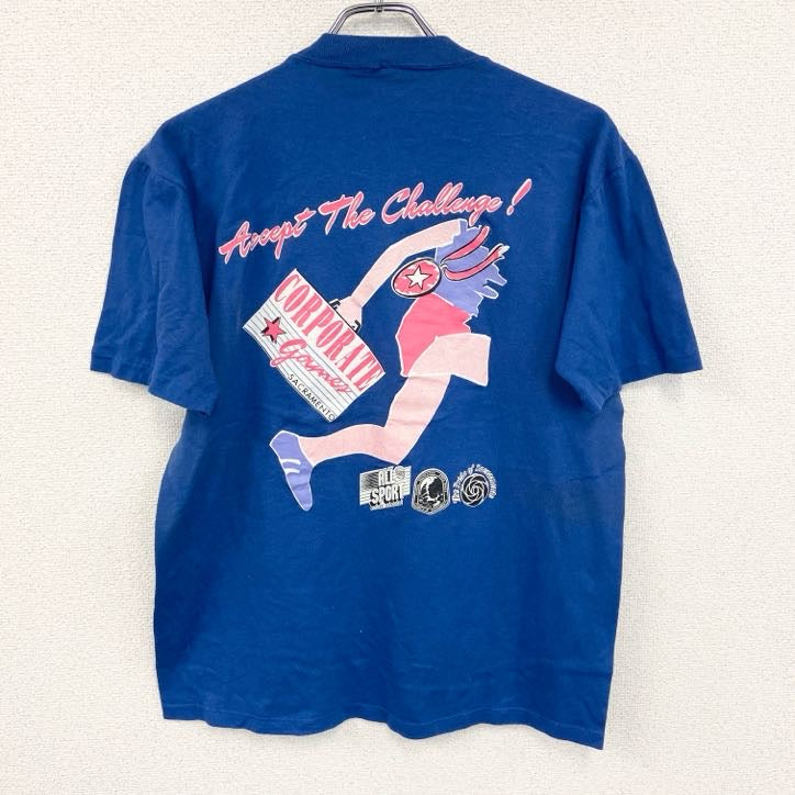 80s～　半袖両面プリントTシャツ　ヴィンテージ　シングルステッチ　青　ブルー