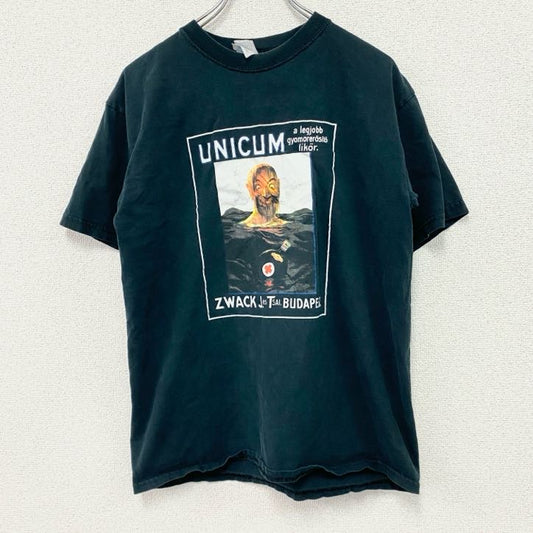 00s　GILDAN　半袖プリントTシャツ　ウニクムリキュール　Zwack　ヴィンテージ　黒　ブラック　Mサイズ
