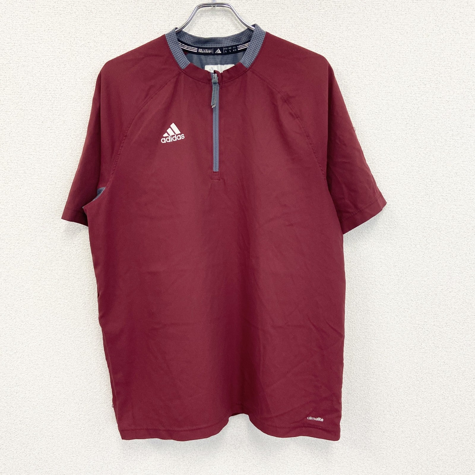 adidas　アディダス　半袖ハーフジップTシャツ　ワンポイント　赤　レッド　バイカラー　Lサイズ