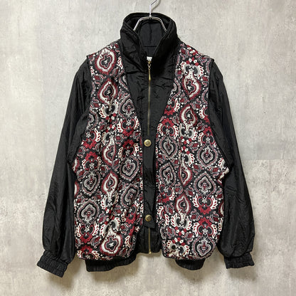 古着 used　LAVON　長袖柄ナイロンジャケット　ハイネックアウター　クレイジーパターン　肩パッド　黒　ブラック　レトロ