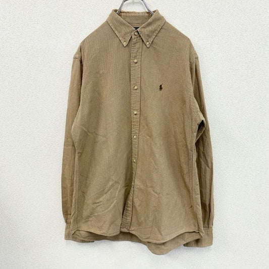 90s　RALPH LAUREN　ラルフローレン　長袖ボタンダウンシャツ　ヘリンボーン　茶色　ブラウン　Lサイズ