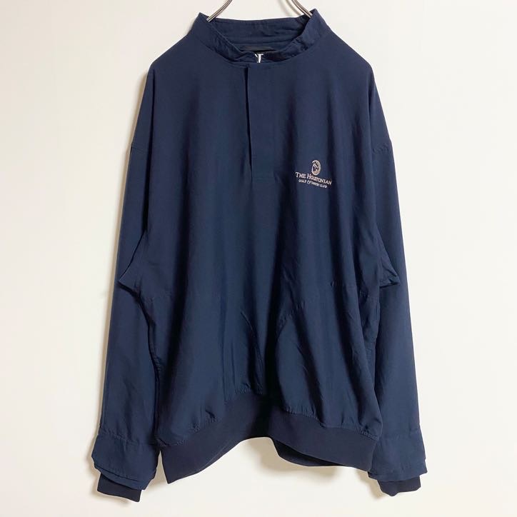 古着 used　ZERO　長袖ナイロンプルオーバー　ハーフボタン　ワンポイント刺繍　ゴルフ　ネイビー　秋冬服　Lサイズ