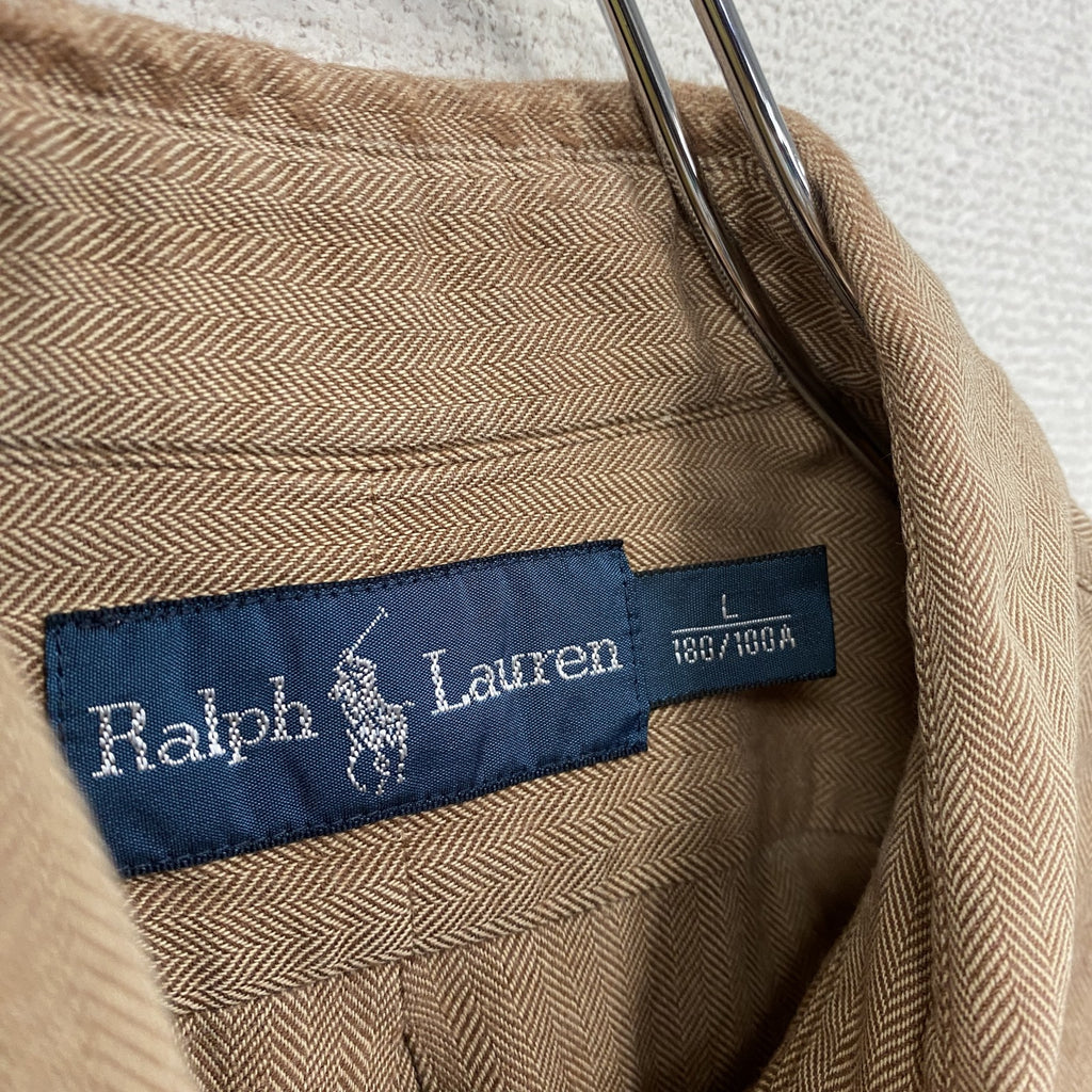 90s　RALPH LAUREN　ラルフローレン　長袖ボタンダウンシャツ　ヘリンボーン　茶色　ブラウン　Lサイズ