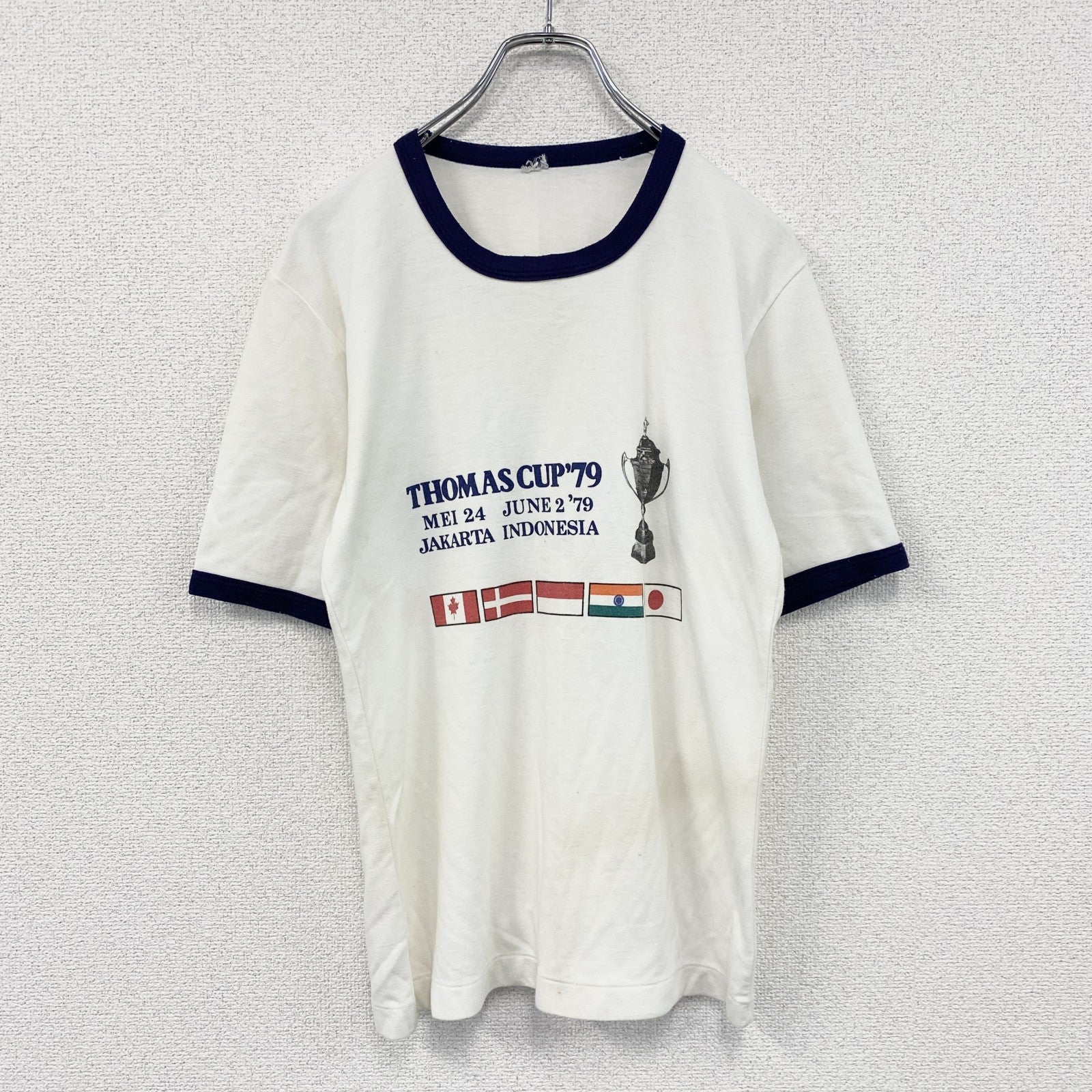 THOMAS CUP　バドミントン　半袖プリントTシャツ　リンガーT　白　ホワイト　