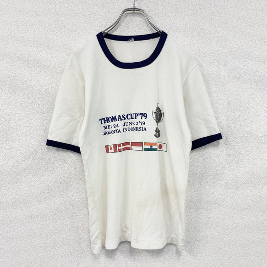 THOMAS CUP　バドミントン　半袖プリントTシャツ　リンガーT　白　ホワイト　