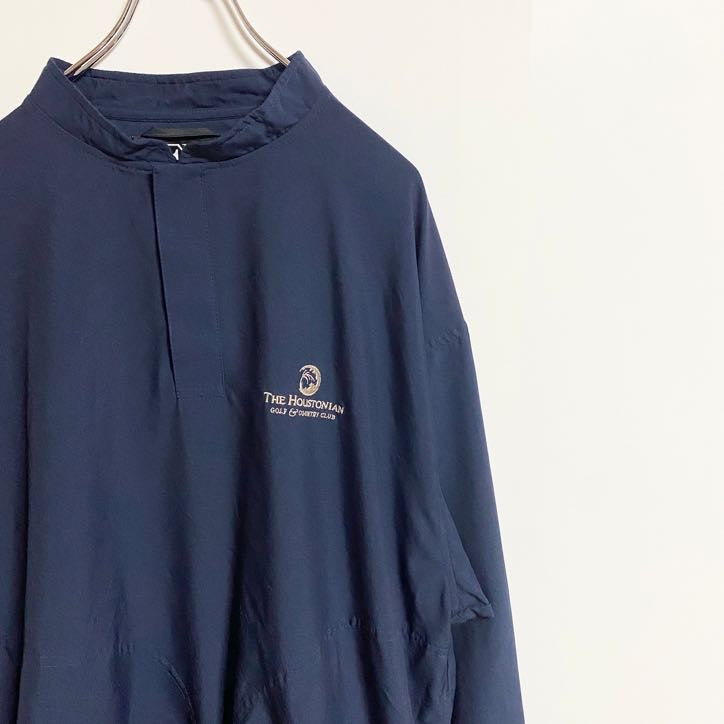 古着 used　ZERO　長袖ナイロンプルオーバー　ハーフボタン　ワンポイント刺繍　ゴルフ　ネイビー　秋冬服　Lサイズ