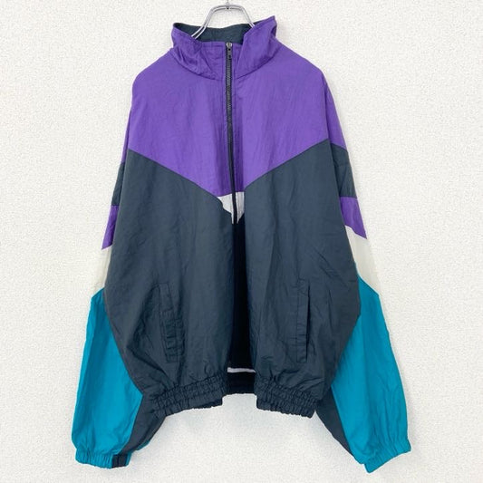 古着 used ATHLETIC WORKS　長袖フルジップナイロンジャケット　ハイネック　ネイビー　紫　青　白　XXLサイズ