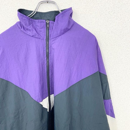 古着 used ATHLETIC WORKS　長袖フルジップナイロンジャケット　ハイネック　ネイビー　紫　青　白　XXLサイズ