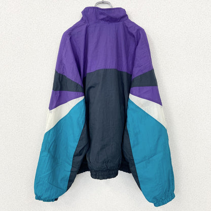 古着 used ATHLETIC WORKS　長袖フルジップナイロンジャケット　ハイネック　ネイビー　紫　青　白　XXLサイズ