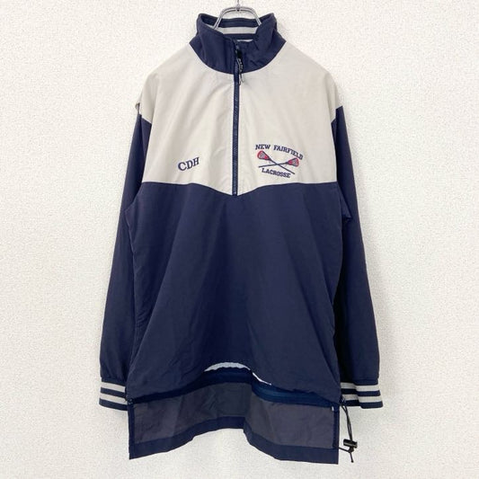 古着 used　GAME SPORT SWEAR　長袖ハーフジップナイロンプルオーバー　バイカラー　刺　ネイビー　白　XSサイズ