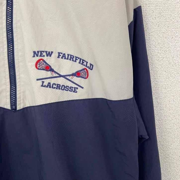 古着 used　GAME SPORT SWEAR　長袖ハーフジップナイロンプルオーバー　バイカラー　刺　ネイビー　白　XSサイズ