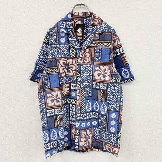 Kalani Designs　半袖開襟シャツ　アロハシャツ　総柄　青　ブルー　Mサイズ