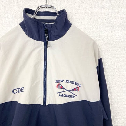 古着 used　GAME SPORT SWEAR　長袖ハーフジップナイロンプルオーバー　バイカラー　刺　ネイビー　白　XSサイズ