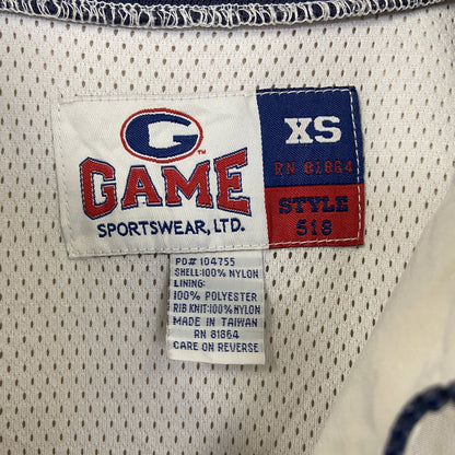 古着 used　GAME SPORT SWEAR　長袖ハーフジップナイロンプルオーバー　バイカラー　刺　ネイビー　白　XSサイズ