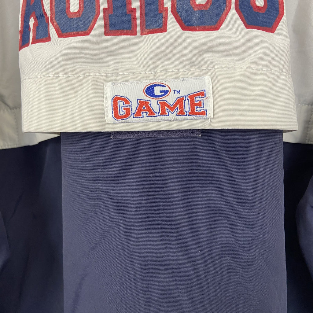 古着 used　GAME SPORT SWEAR　長袖ハーフジップナイロンプルオーバー　バイカラー　刺　ネイビー　白　XSサイズ