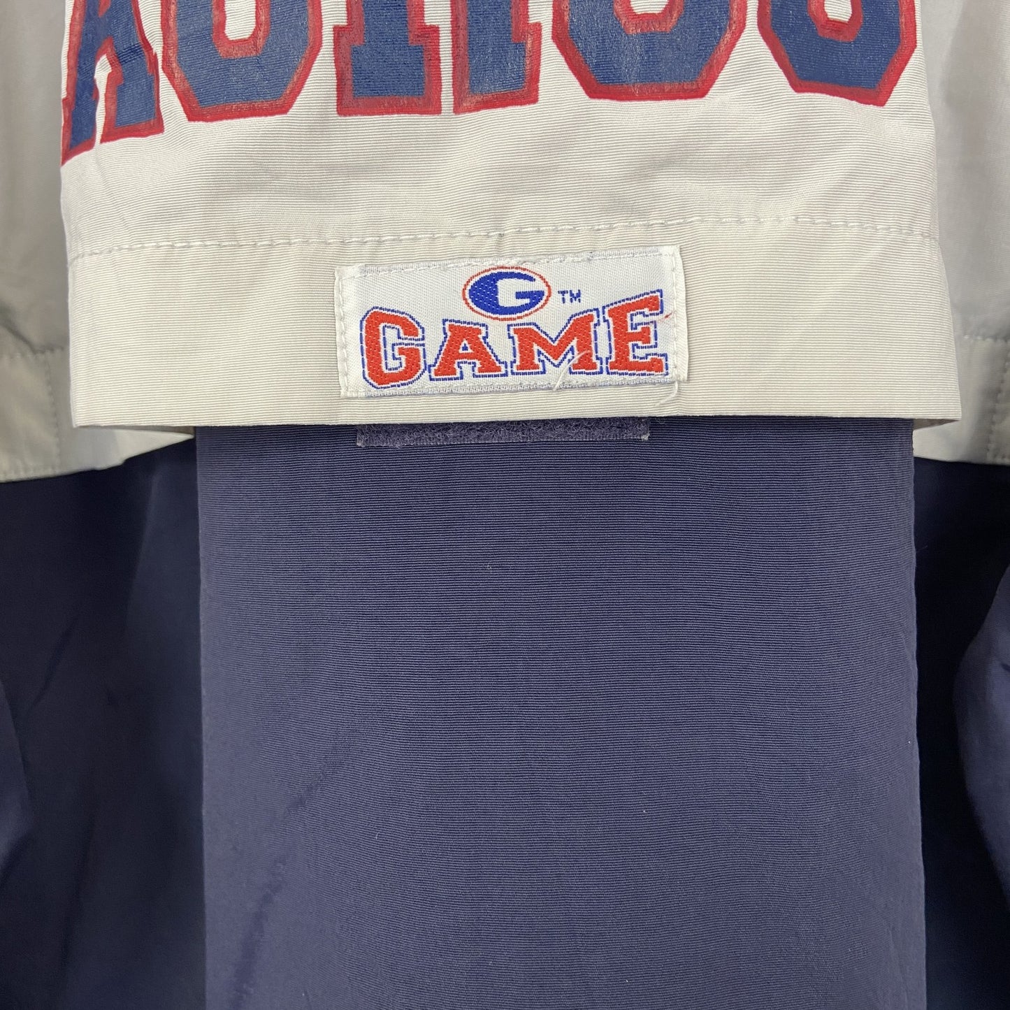 古着 used　GAME SPORT SWEAR　長袖ハーフジップナイロンプルオーバー　バイカラー　刺　ネイビー　白　XSサイズ