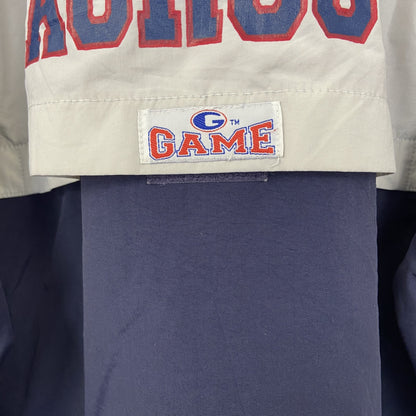 古着 used　GAME SPORT SWEAR　長袖ハーフジップナイロンプルオーバー　バイカラー　刺　ネイビー　白　XSサイズ