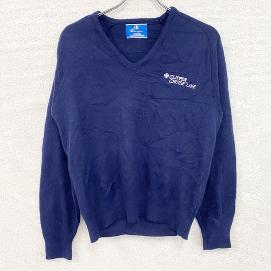 90s　champion　チャンピオン　ニットセーター　刺繍ロゴ　ワンポイント　ヴィンテージ　紺　ネイビー　Mサイズ