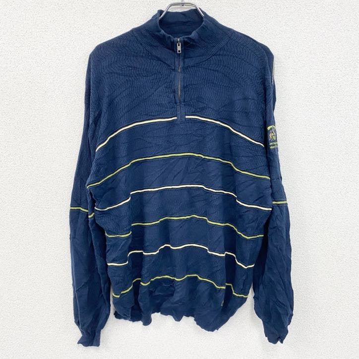 FILA　フィラ　ハーフジップコットンニットセーター　ボーダー柄　紺　ネイビー　Lサイズ