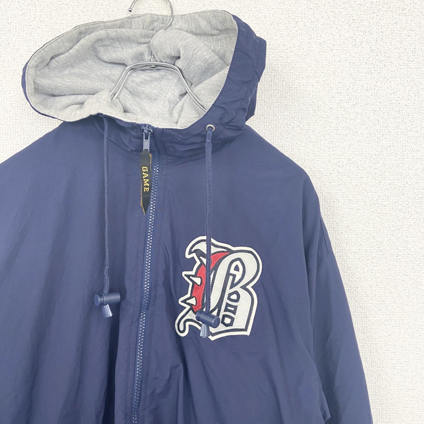 古着 used　GAME SPORTSWEAR　長袖フルジップナイロンジャケット　フーディー　ブルゾン　ネイビー　刺繡　Sサイズ