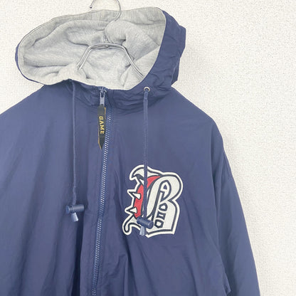古着 used　GAME SPORTSWEAR　長袖フルジップナイロンジャケット　フーディー　ブルゾン　ネイビー　刺繡　Sサイズ