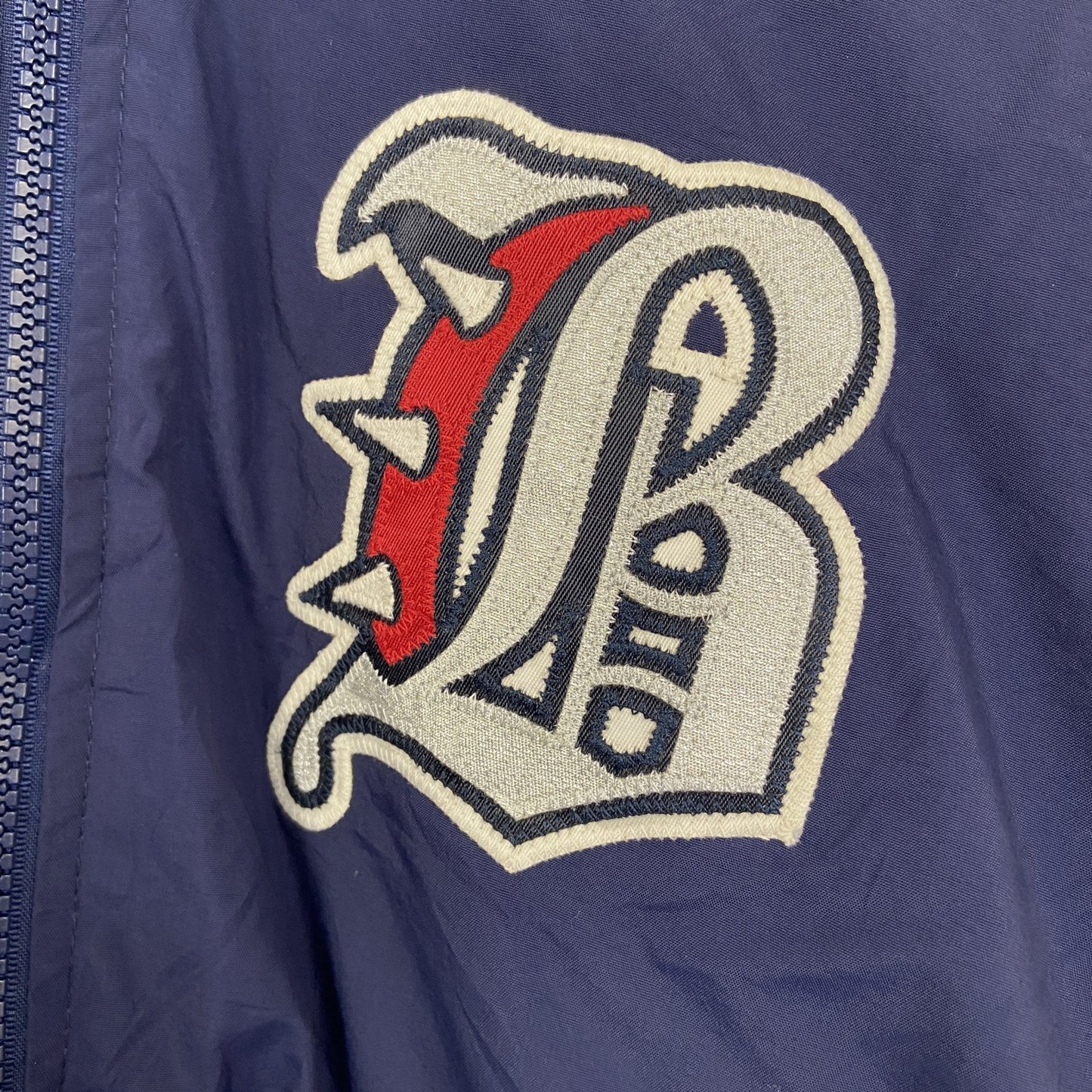 古着 used　GAME SPORTSWEAR　長袖フルジップナイロンジャケット　フーディー　ブルゾン　ネイビー　刺繡　Sサイズ