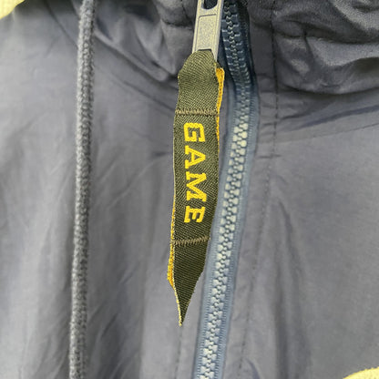 古着 used　GAME SPORTSWEAR　長袖フルジップナイロンジャケット　フーディー　ブルゾン　ネイビー　刺繡　Sサイズ