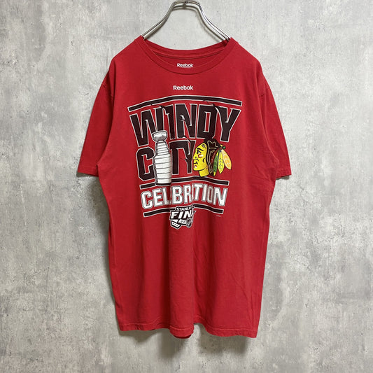 古着 used　Reebok リーボック　NFL　シカゴブラックホークス　半袖プリントTシャツ　アメフト　赤　バックプリント