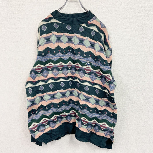 ～90s　Kappa　カッパ　ウールニットセーター　ヴィンテージ　緑　グリーン　マルチカラー　Lサイズ