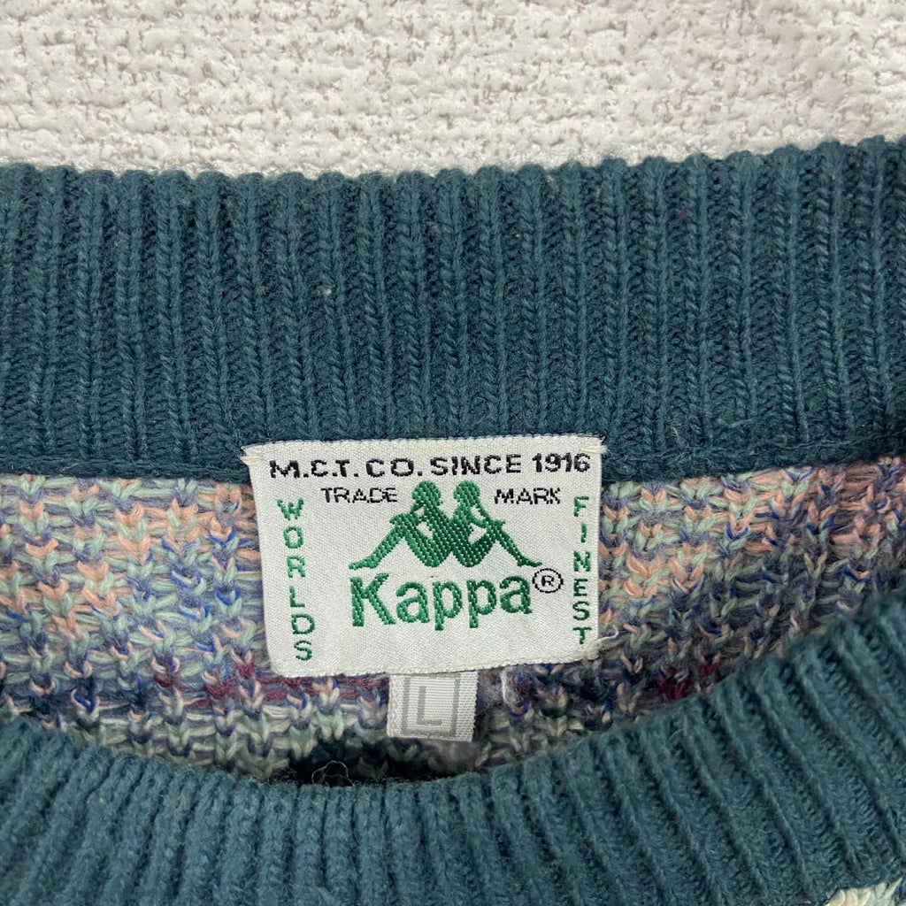 ～90s　Kappa　カッパ　ウールニットセーター　ヴィンテージ　緑　グリーン　マルチカラー　Lサイズ