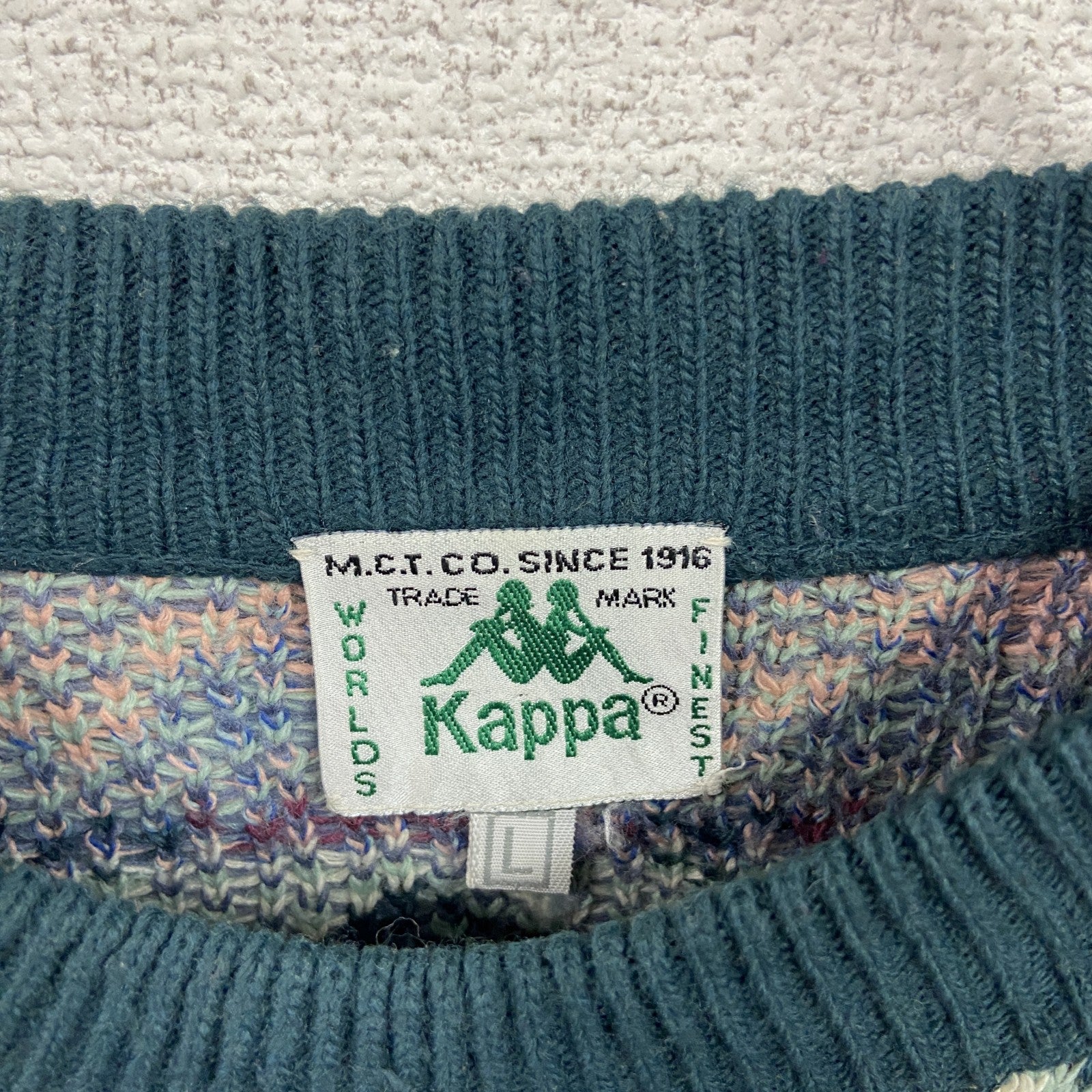 ～90s　Kappa　カッパ　ウールニットセーター　ヴィンテージ　緑　グリーン　マルチカラー　Lサイズ