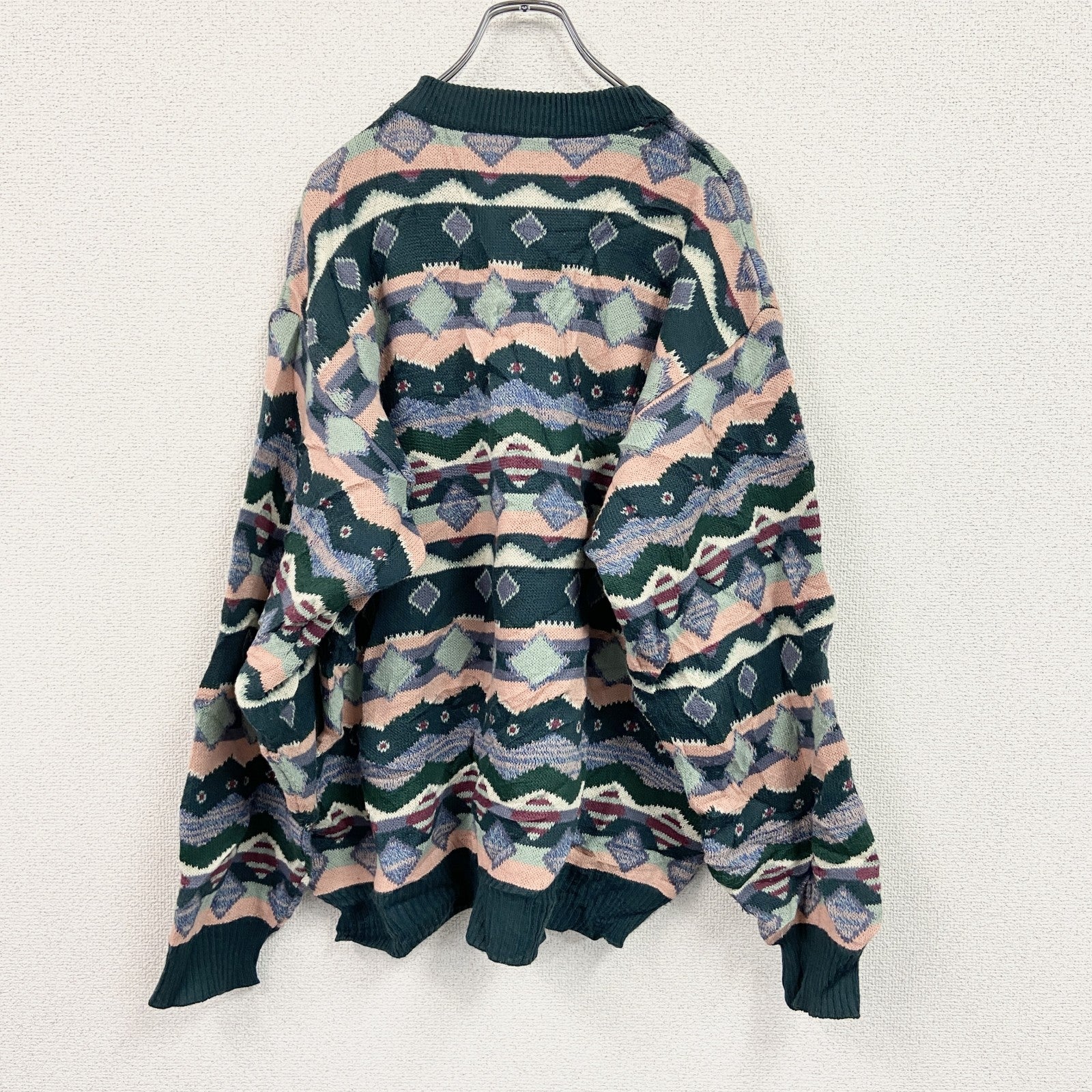 ～90s　Kappa　カッパ　ウールニットセーター　ヴィンテージ　緑　グリーン　マルチカラー　Lサイズ