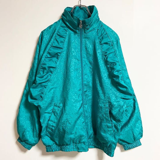 古着 used　LAVON　長袖ジップアップ総柄ナイロンジャケット　ハイネック　光沢感　緑　グリーン　秋冬服　レトロ　Sサイズ