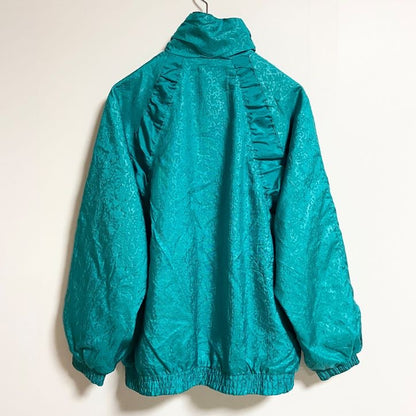 古着 used　LAVON　長袖ジップアップ総柄ナイロンジャケット　ハイネック　光沢感　緑　グリーン　秋冬服　レトロ　Sサイズ