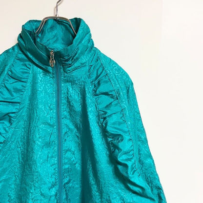 古着 used　LAVON　長袖ジップアップ総柄ナイロンジャケット　ハイネック　光沢感　緑　グリーン　秋冬服　レトロ　Sサイズ