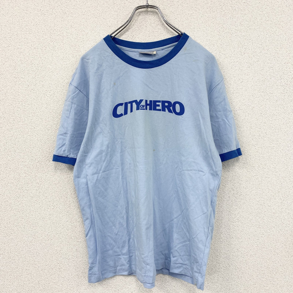 ncsoft　CITY OF HERO　半袖プリントTシャツ　リンガーT　青　ブルー　Lサイズ