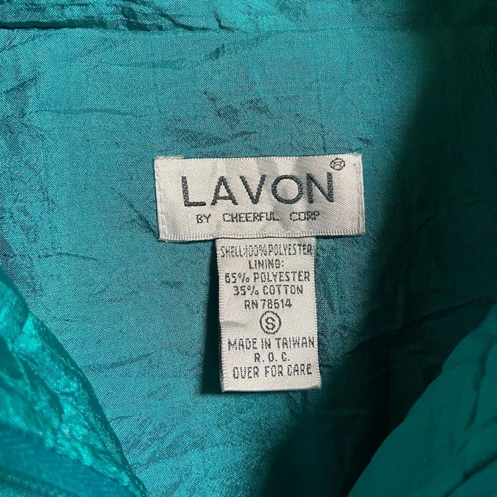 古着 used　LAVON　長袖ジップアップ総柄ナイロンジャケット　ハイネック　光沢感　緑　グリーン　秋冬服　レトロ　Sサイズ