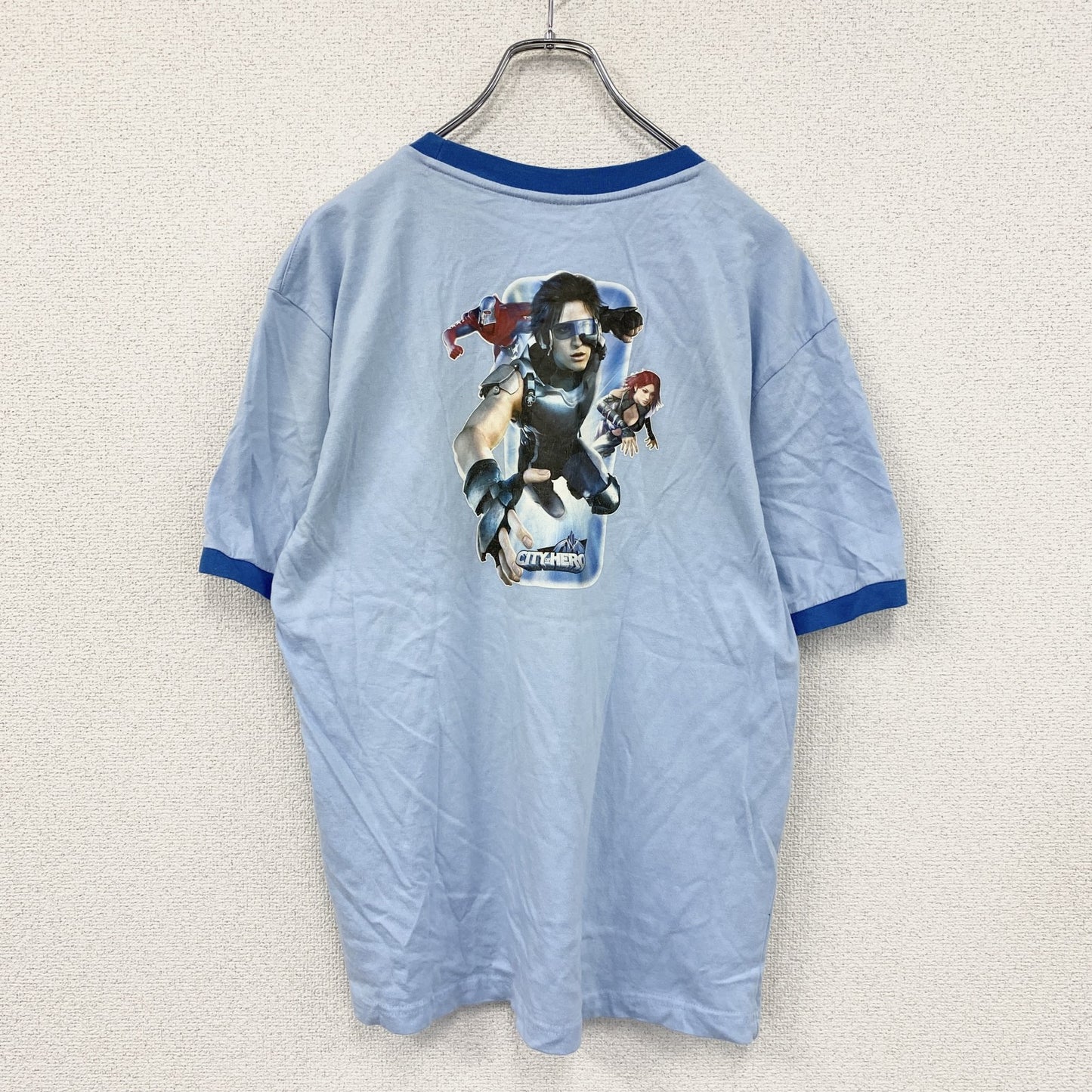 ncsoft　CITY OF HERO　半袖プリントTシャツ　リンガーT　青　ブルー　Lサイズ