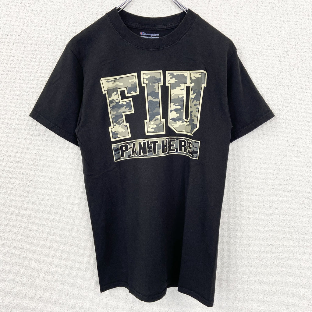 古着 used　Champion　チャンピオン　半袖プリントTシャツ　FIU　PANTHERS　黒　迷彩柄　Sサイズ