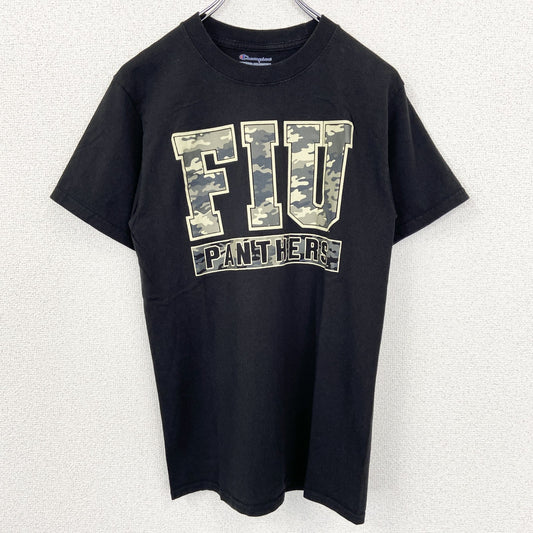 古着 used　Champion　チャンピオン　半袖プリントTシャツ　FIU　PANTHERS　黒　迷彩柄　Sサイズ