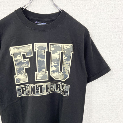 古着 used　Champion　チャンピオン　半袖プリントTシャツ　FIU　PANTHERS　黒　迷彩柄　Sサイズ