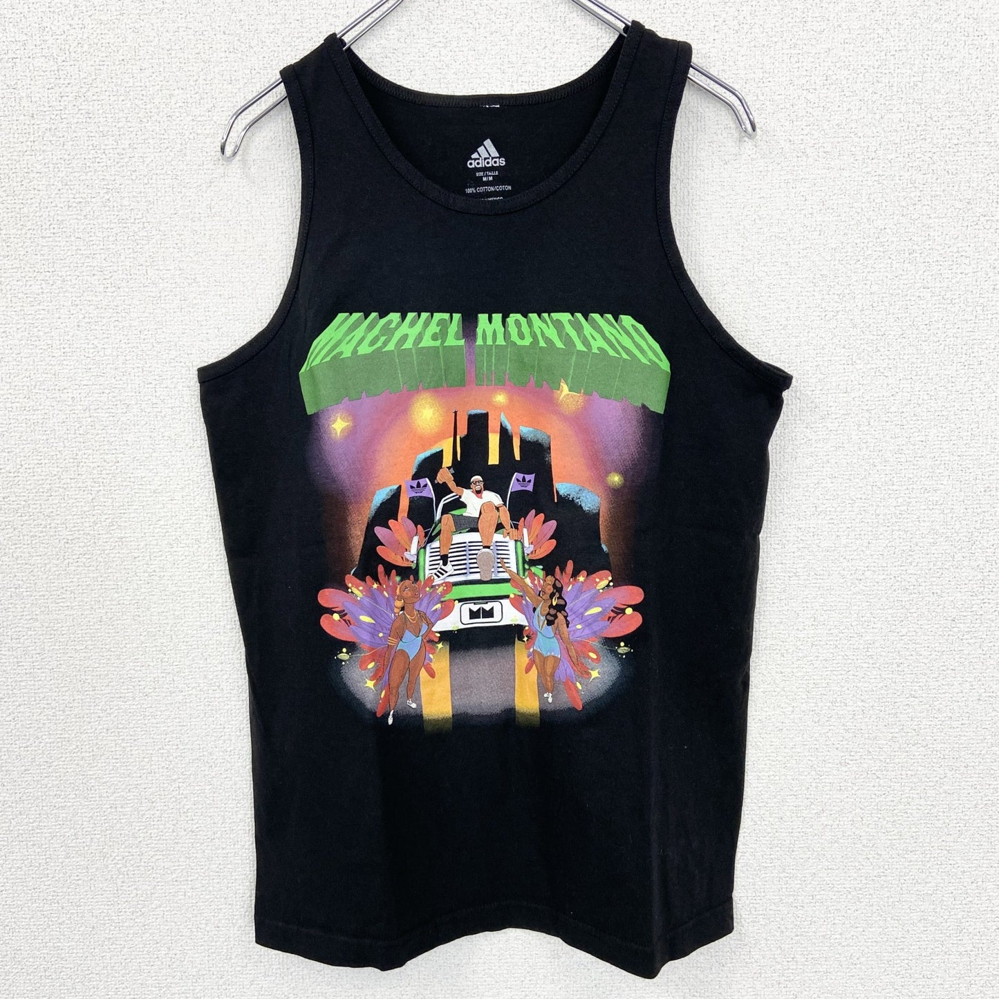 古着 used　adidas　アディダス　タンクトップビッグプリントシャツ　マシェル モンタノ　クルーネック　黒　Mサイズ