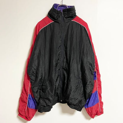古着 used　MacGregor　長袖ジップアップナイロンジャケット　ハイネック　切り替え　黒　赤　バイカラー　秋冬服　Lサイズ