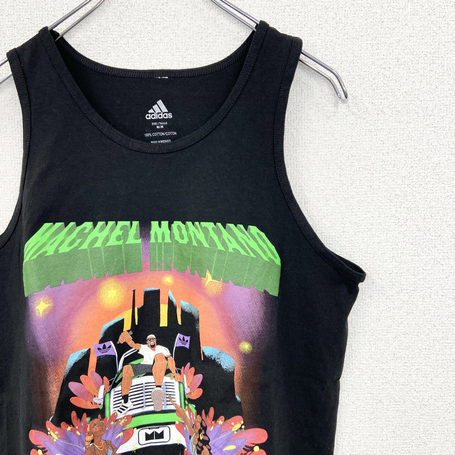 古着 used　adidas　アディダス　タンクトップビッグプリントシャツ　マシェル モンタノ　クルーネック　黒　Mサイズ