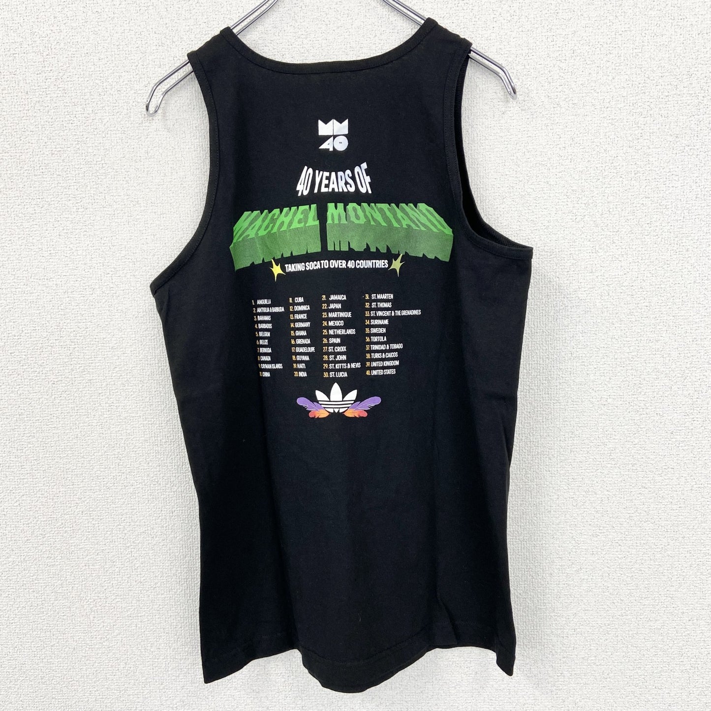 古着 used　adidas　アディダス　タンクトップビッグプリントシャツ　マシェル モンタノ　クルーネック　黒　Mサイズ